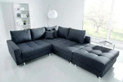 Moderne Wohnlandschaft KENT 220cm anthrazit Ecksofa Federkern inkl. Hocker und Kissen