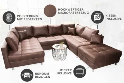Moderne XXL Wohnlandschaft KENT 305cm antik braun Federkern Bigsofa inkl. Hocker