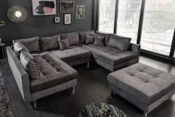 Moderne XXL Wohnlandschaft KENT 305cm grau Samt Bigsofa inkl. Hocker Federkern