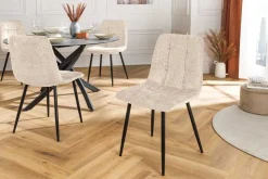 Moderner Design Stuhl TRES CHIC champagner greige Chenille Cremona schwarze Metallbeine