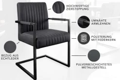 Moderner Freischwinger Stuhl BIG ASTON Echtleder schwarz Taschenfederkern Metall