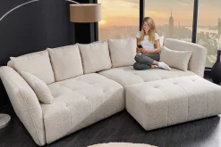 Moderner Hocker ROYAL 120cm champagner beige Bouclé Federkern Sitzhocker
