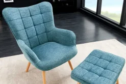 Moderner Sessel SCANDINAVIA blau Strukturstoff Massivholz-Beine mit Armlehnen