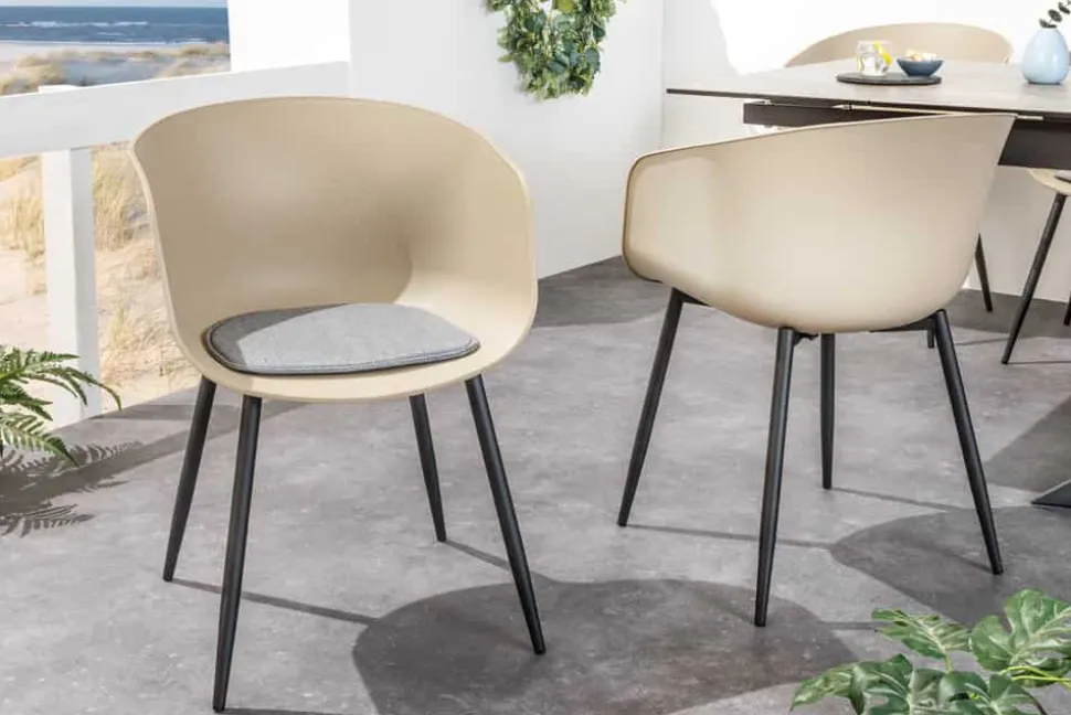 Moderner Stuhl DESIGNO greige schwarz Kunststoff Gartenstuhl mit Armlehnen Indoor Outdoor