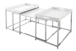 Modernes Couchtisch 3er Set ELEMENTS 75cm weiß Chrom abnehmbares Tablett