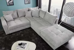 Modernes Ecksofa KENT 220cm hellgrau Cord inkl. Hocker Federkern L-Form Wohnlandschaft