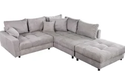 Modernes Ecksofa KENT 220cm hellgrau Cord inkl. Hocker Federkern L-Form Wohnlandschaft
