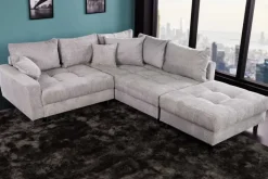Modernes Ecksofa KENT 220cm hellgrau Cord inkl. Hocker Federkern L-Form Wohnlandschaft