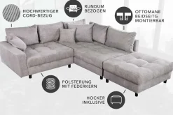 Modernes Ecksofa KENT 220cm hellgrau Cord inkl. Hocker Federkern L-Form Wohnlandschaft
