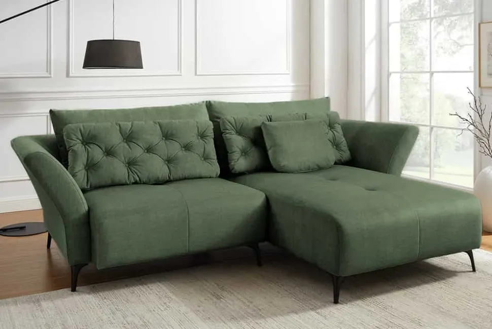 Modernes Ecksofa MARRAKESCH 265cm grün Samt 3-Sitzer inkl. Kissen Ottomane rechts
