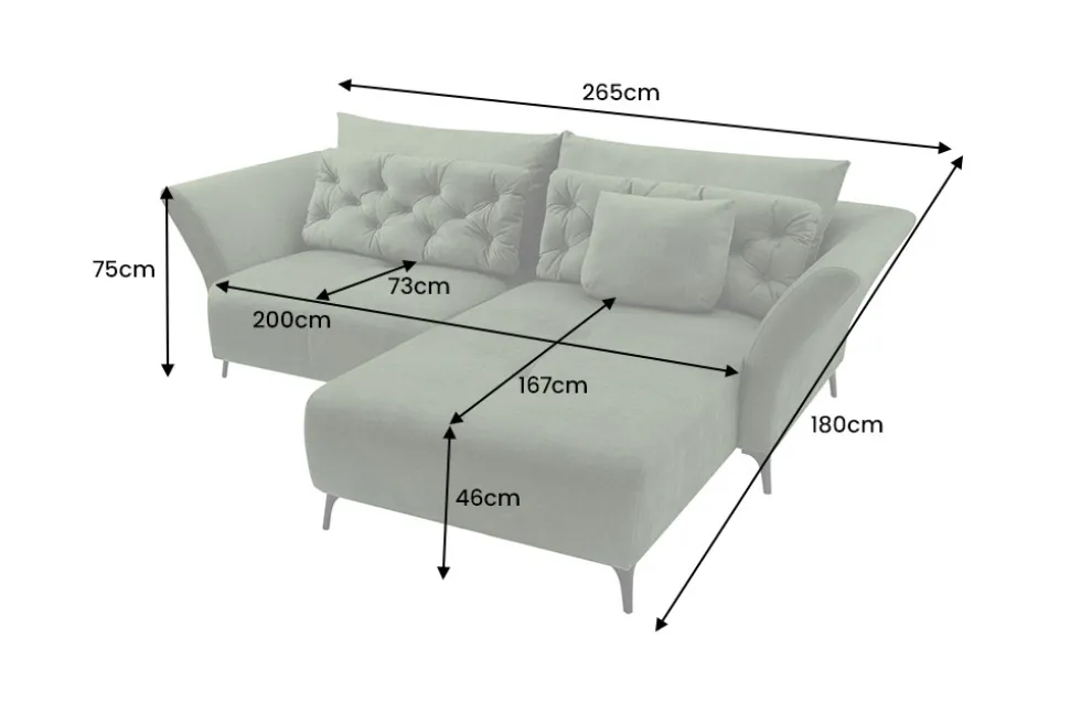 Modernes Ecksofa MARRAKESCH 265cm grün Samt 3-Sitzer inkl. Kissen Ottomane rechts