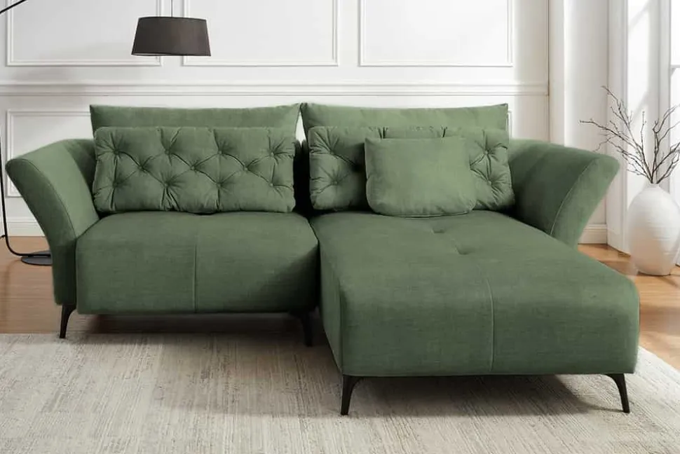 Modernes Ecksofa MARRAKESCH 265cm grün Samt 3-Sitzer inkl. Kissen Ottomane rechts
