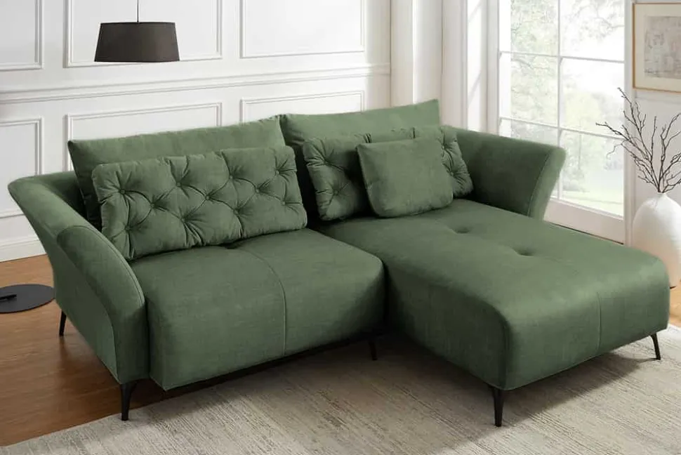 Modernes Ecksofa MARRAKESCH 265cm grün Samt 3-Sitzer inkl. Kissen Ottomane rechts