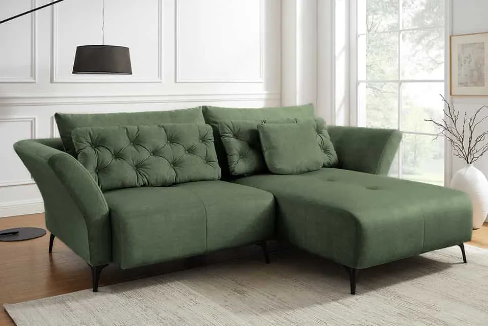 Modernes Ecksofa MARRAKESCH 265cm grün Samt 3-Sitzer inkl. Kissen Ottomane rechts