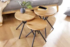 Modernes 3er Set Beistelltische FACTORY 40cm natur Wildeiche Massivholz rund schwarz Metall