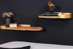 Modernes 2er Set Wandregal PURE NATURE 60cm gold Mangoholz massiv Metall handmade