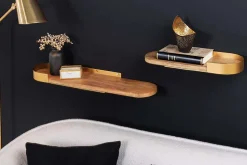Modernes 2er Set Wandregal PURE NATURE 60cm gold Mangoholz massiv Metall handmade