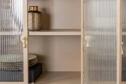 Modernes Sideboard AMSTERDAM 105cm greige gold Riffelglas Metall Vitrine Schrank