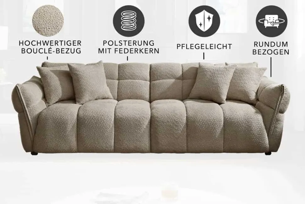 Modernes XXL Sofa CLOUD 260cm champagner greige Bouclé Bigsofa Federkern inkl. Kissen