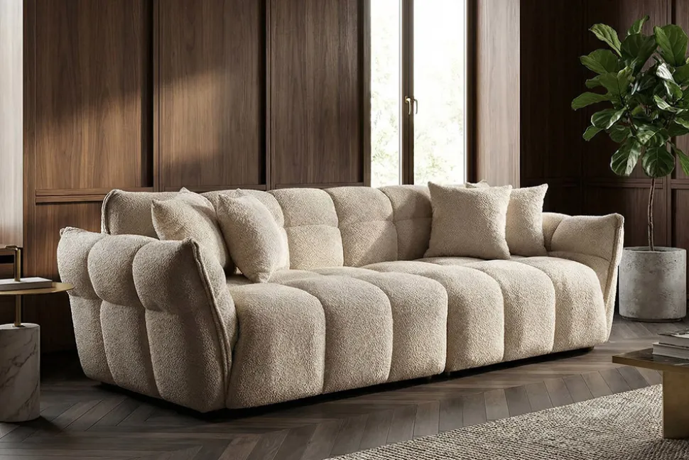 Modernes XXL Sofa CLOUD 260cm champagner greige Bouclé Bigsofa Federkern inkl. Kissen