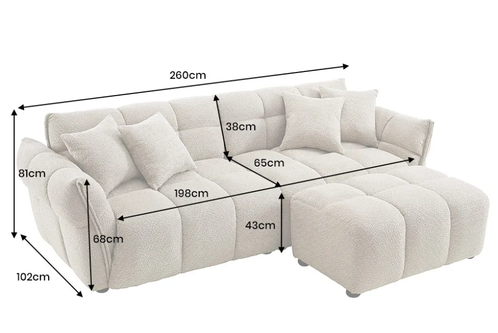 Modernes XXL Sofa CLOUD 260cm champagner greige Bouclé Bigsofa Federkern inkl. Kissen