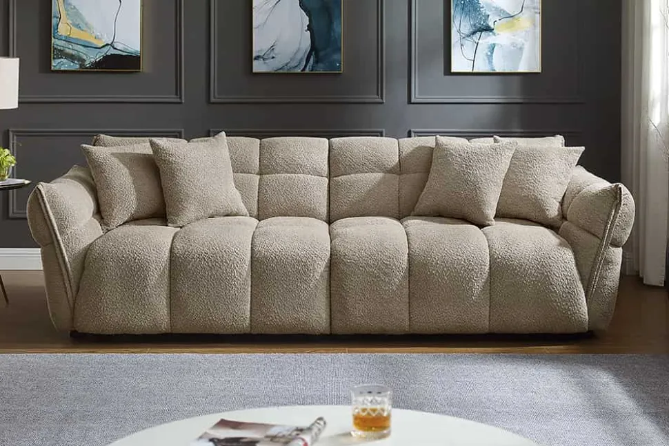Modernes XXL Sofa CLOUD 260cm champagner greige Bouclé Bigsofa Federkern inkl. Kissen