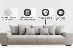 Modernes XXL Sofa ELEGANCIA 285cm champagner beige Cord inklusive Kissen Bigsofa
