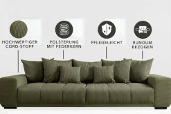 Modernes XXL Sofa ELEGANCIA 285cm grün Cord Federkern inklusive Kissen Bigsofa