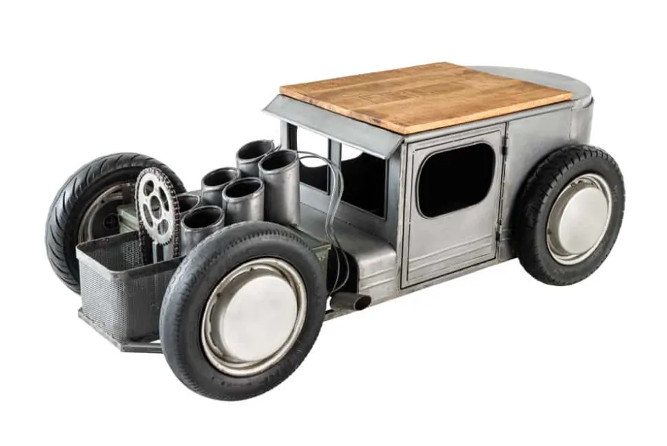 Oldtimer Couchtisch HOT ROD 160cm Stahl Mangoholz mit Stauraum Flaschenhalter massiv