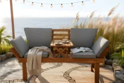 Outdoor Garten Sitzbank MODULAR 200cm natur grau Akazie mit Tisch inkl. Kissen klappbar