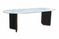 Ovaler Esstisch GATSBY 240cm braun gold Mangoholz weiße Marmorplatte V-Gestell