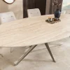 Ovaler Esstisch SCULPTURE 220cm natur Travertin Keramik champagner greige Metall