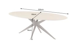 Ovaler Esstisch SCULPTURE 220cm natur Travertin Keramik champagner greige Metall