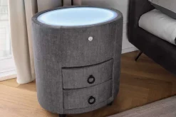 Ovaler Nachttisch SIGNUM 55cm grau Vogue Velours Samt inkl. Beleuchtung Schubladen