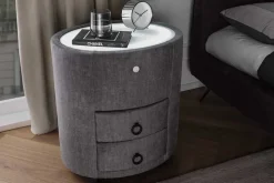 Ovaler Nachttisch SIGNUM 55cm grau Vogue Velours Samt inkl. Beleuchtung Schubladen