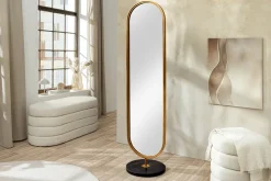Ovaler Standspiegel PORTRAIT 175cm gold Eisen schwarzer Marmorfuß handmade