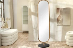 Ovaler Standspiegel PORTRAIT 175cm gold Eisen schwarzer Marmorfuß handmade