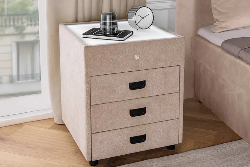 Quadratischer Nachttisch TOULOUSE 55cm beige Samt inkl. Beleuchtung und Schubladen
