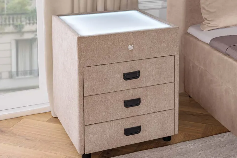 Quadratischer Nachttisch TOULOUSE 55cm beige Samt inkl. Beleuchtung und Schubladen