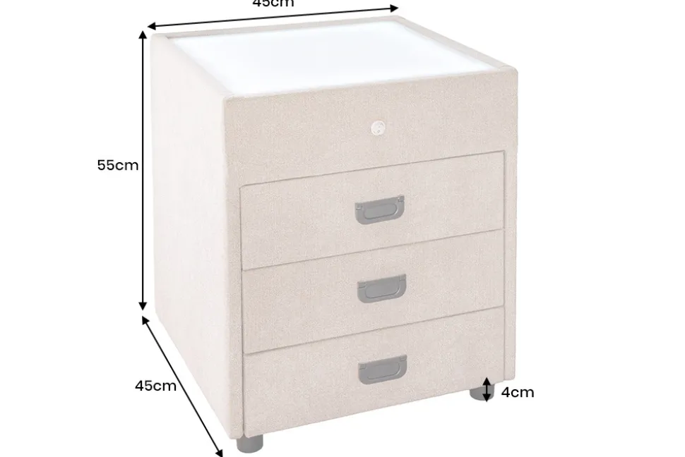 Quadratischer Nachttisch TOULOUSE 55cm beige Samt inkl. Beleuchtung und Schubladen