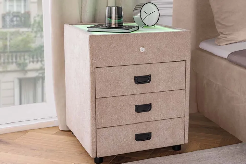 Quadratischer Nachttisch TOULOUSE 55cm beige Samt inkl. Beleuchtung und Schubladen