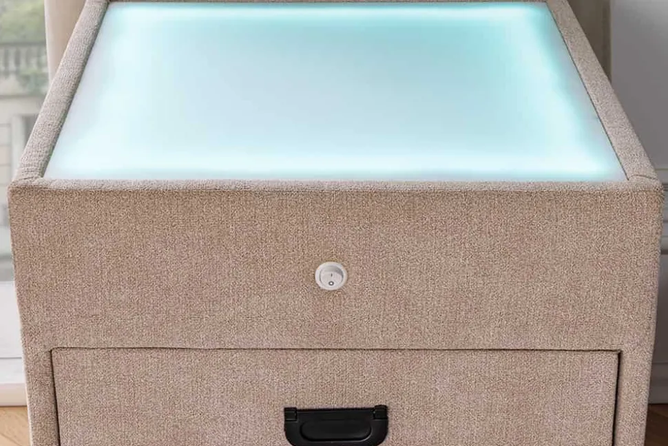 Quadratischer Nachttisch TOULOUSE 55cm beige Samt inkl. Beleuchtung und Schubladen