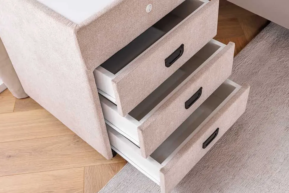 Quadratischer Nachttisch TOULOUSE 55cm beige Samt inkl. Beleuchtung und Schubladen