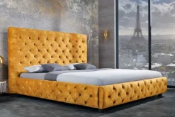 Queensize Doppelbett PARIS 160x200cm senfgelb Samt Chesterfield Design