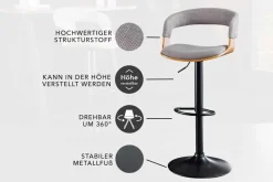 Retro Barhocker MANHATTAN grau Strukturstoff Eschenholz drehbar höhenverstellbar