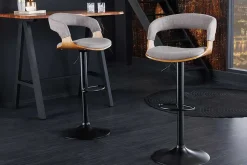 Retro Barhocker MANHATTAN grau Strukturstoff Eschenholz drehbar höhenverstellbar