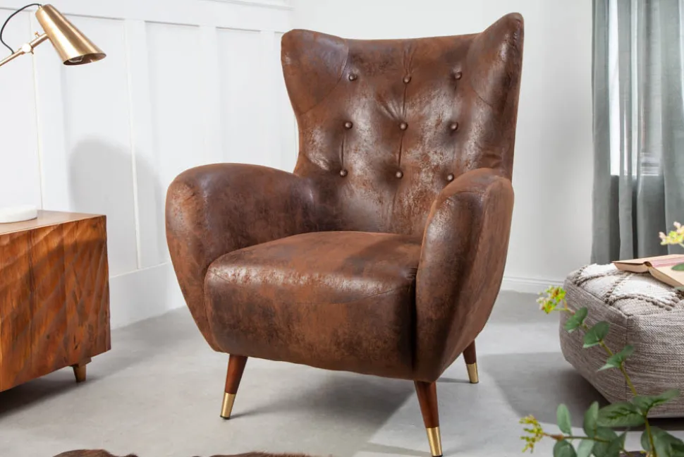 Retro Design Sessel DON antik braun goldene Fußkappen mit Federkern