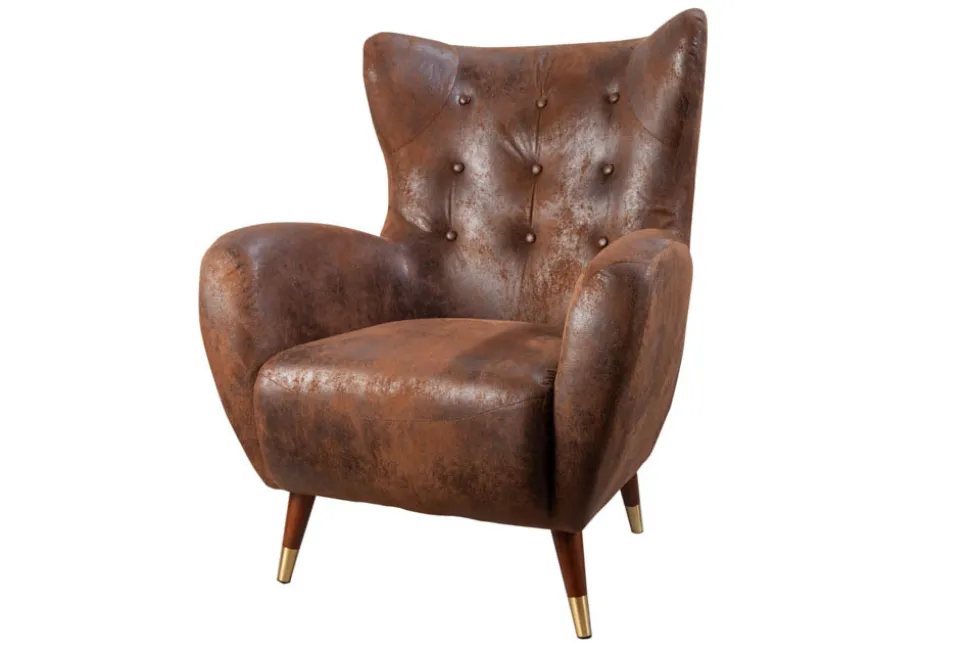 Retro Design Sessel DON antik braun goldene Fußkappen mit Federkern