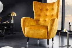 Retro Design Sessel DON senfgelb Samt Federkern silberne Fußkappen