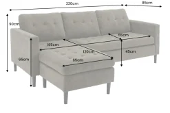 Retro Ecksofa STOCKHOLM 220cm taupe Cord Federkern 3-Sitzer